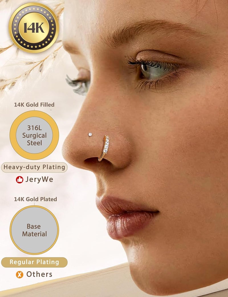 JeryWe Nose Rings for Women - 14K Gold Filled Hypoallergenic Surgical Steel Nose Ring Hoops CZ Lip Ring Screw L Shaped Studs Threadless Flat Back Stud Nose Piercings Jewelry for Women Men - Image 4
